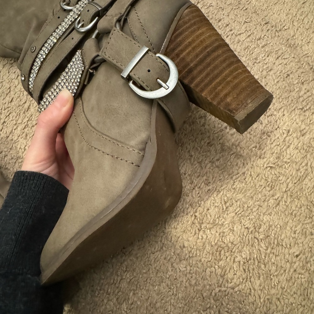 Tan Heeled Boots with Strappy Rhinestone Design - Picture 5 of 5